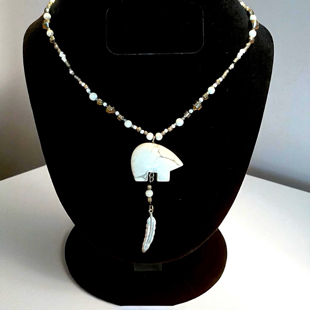 Southwestern Howlite Bear Fetish Necklace with Feather Charm